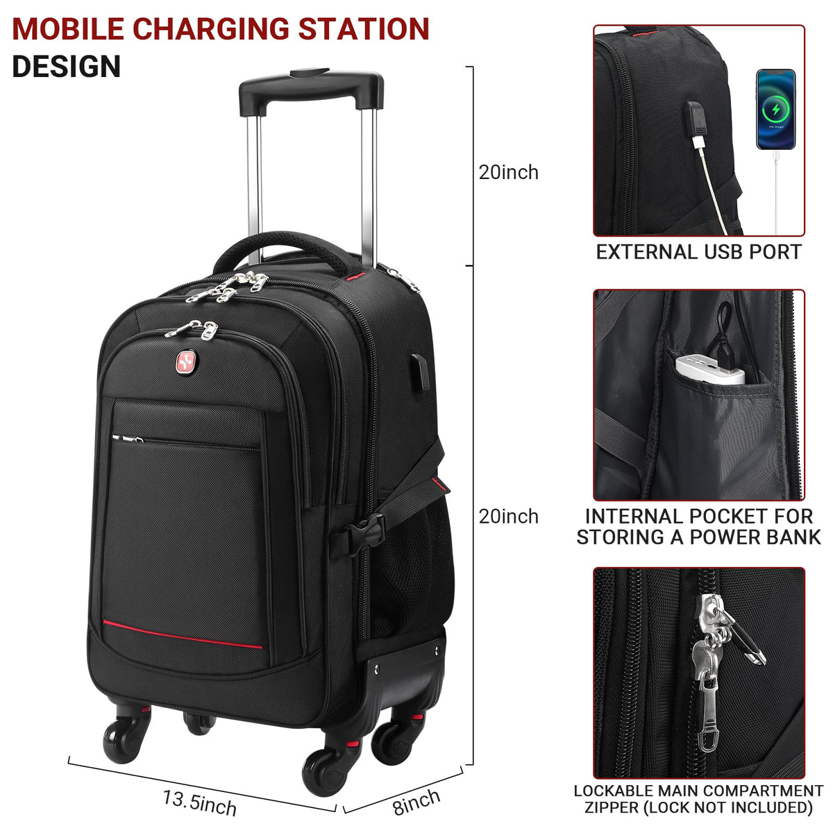 Rolling Backpack with 4 Extra Wheels, Water-Resistant Underseat Travel Luggage Z669