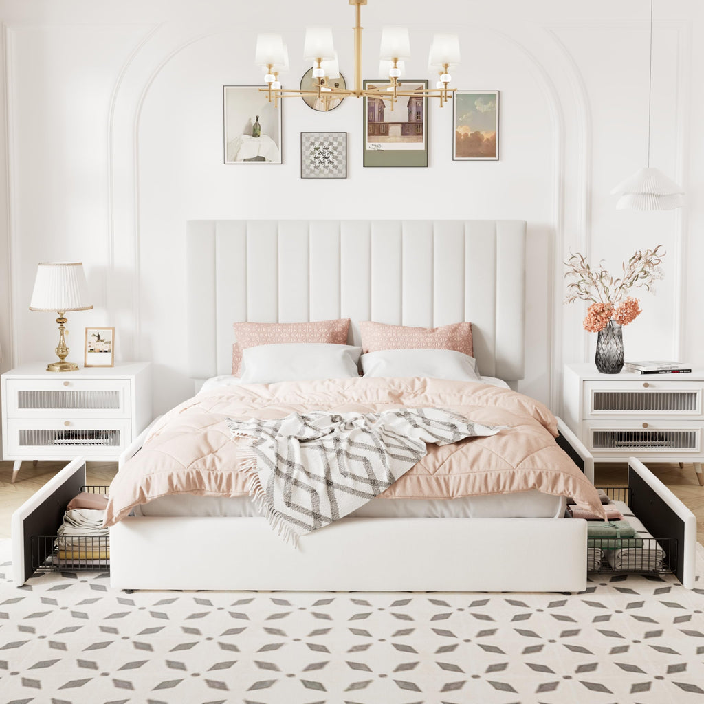 White Velvet Queen Size Storage Bed Frame with 4 Underbed Drawers F4220