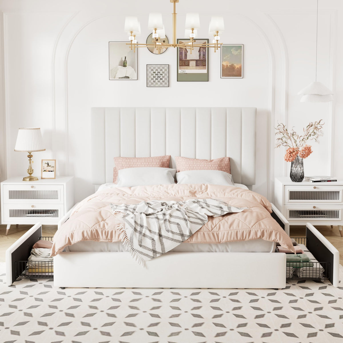 White Velvet Queen Size Storage Bed Frame with 4 Underbed Drawers F4220