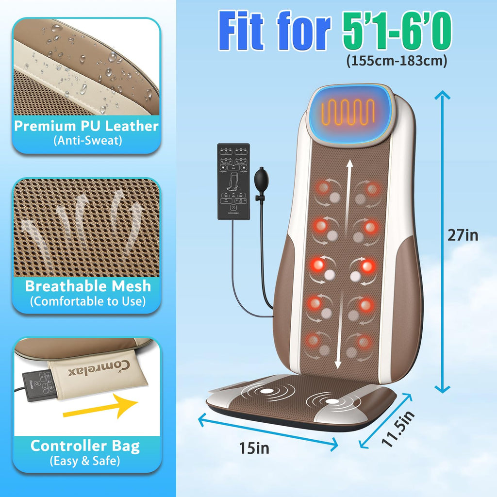 Shiatsu Back Massager with Heat, 2 Vibration Motors, PU Leather I606
