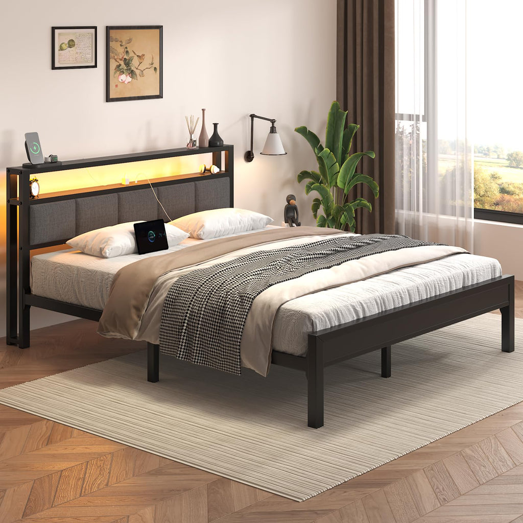 Light Grey Full Size Bed Frame with LED Lights and Charging Station A66334