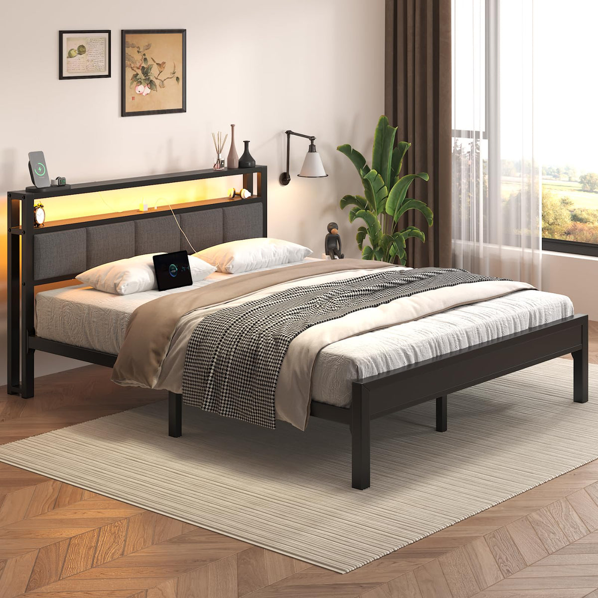 Light Grey Full Size Bed Frame with LED Lights and Charging Station A66334