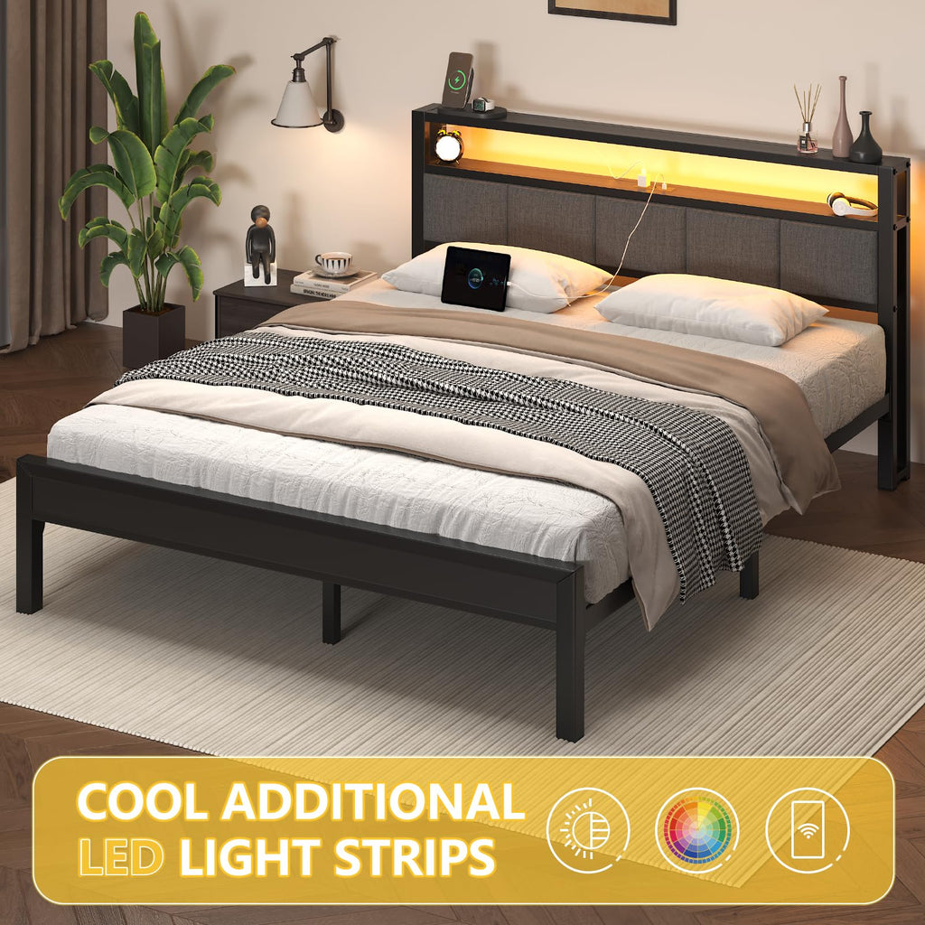 Light Grey Full Size Bed Frame with LED Lights and Charging Station A66334