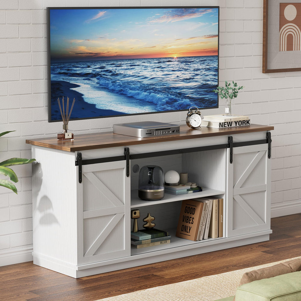 White Farmhouse TV Stand with Sliding Barn Doors V1026