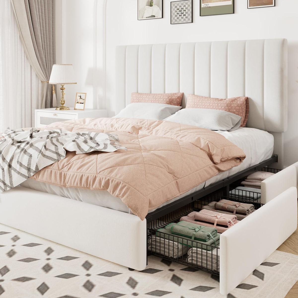 White Velvet Queen Size Storage Bed Frame with 4 Underbed Drawers F4220