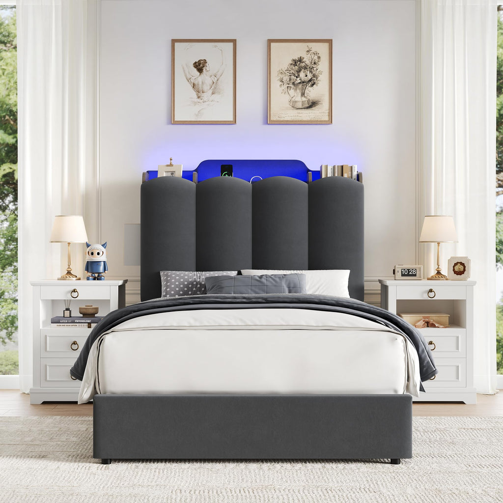 Twin Upholstered Platform Bed Frame with Storage Headboard Z208614