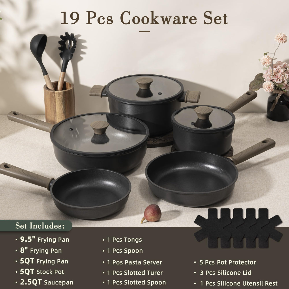 19 Pcs Non Stick Black Titanium Cookware Set G885