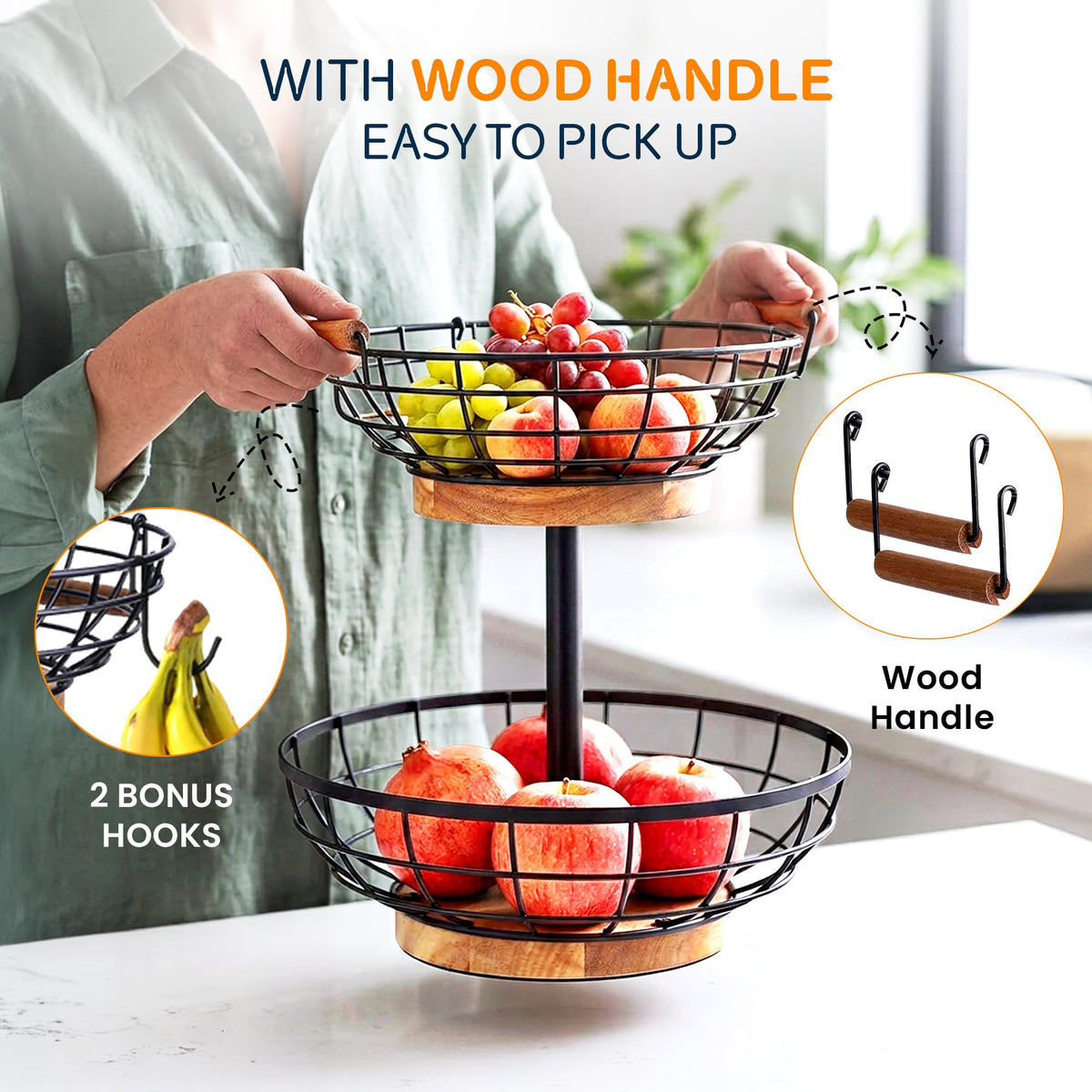 2 Tier Metal Fruit Basket with Banana Hanger K676