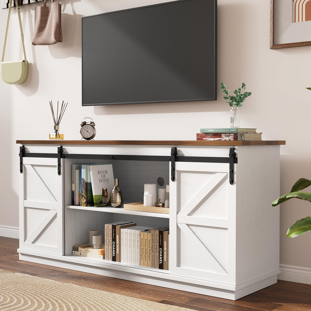 White Farmhouse TV Stand with Sliding Barn Doors V1026