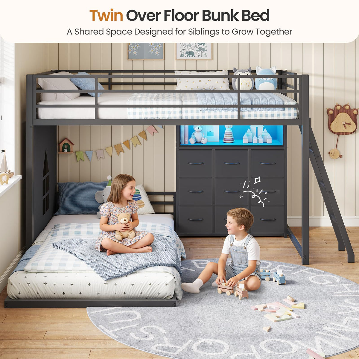 Twin Over Twin Bunk Bed with 9 Storage Drawers F890887