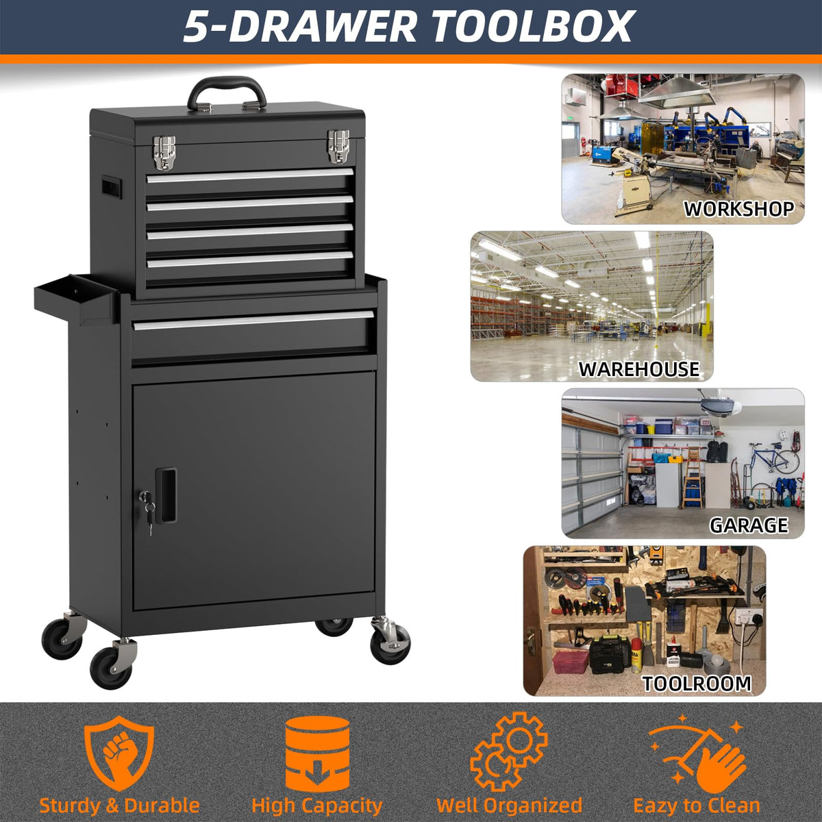 5 Drawer Rolling Tool Chest with Wheels and Lock Q226277