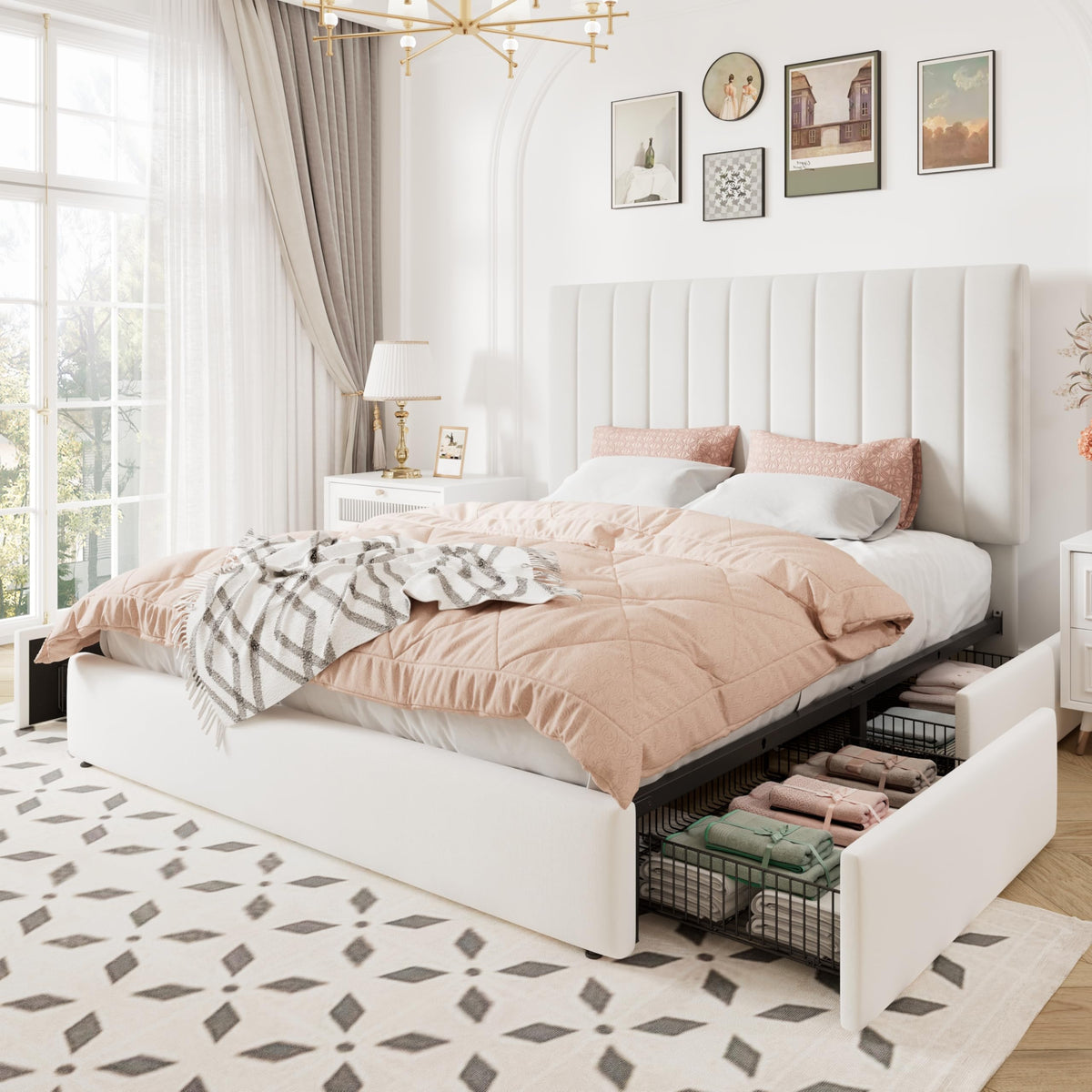 White Velvet Queen Size Storage Bed Frame with 4 Underbed Drawers F4220