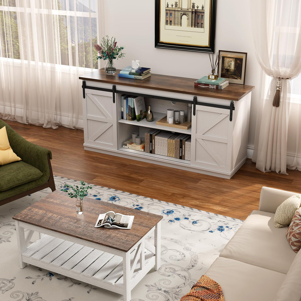 White Farmhouse TV Stand with Sliding Barn Doors V1026