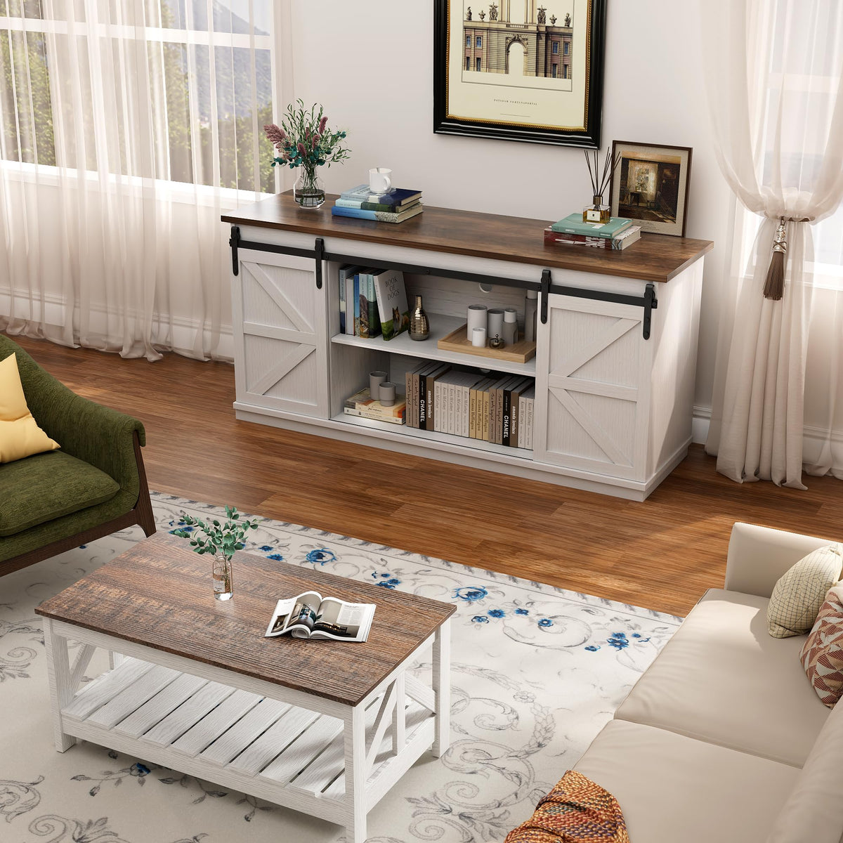 White Farmhouse TV Stand with Sliding Barn Doors V1026