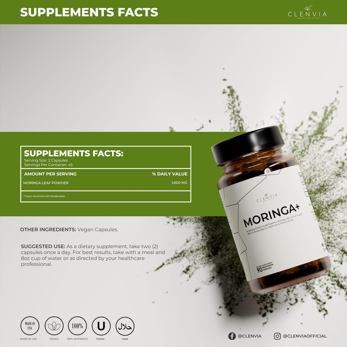 90 Capsules 1000mg Organic Moringa Leaf Powder Capsules P565021