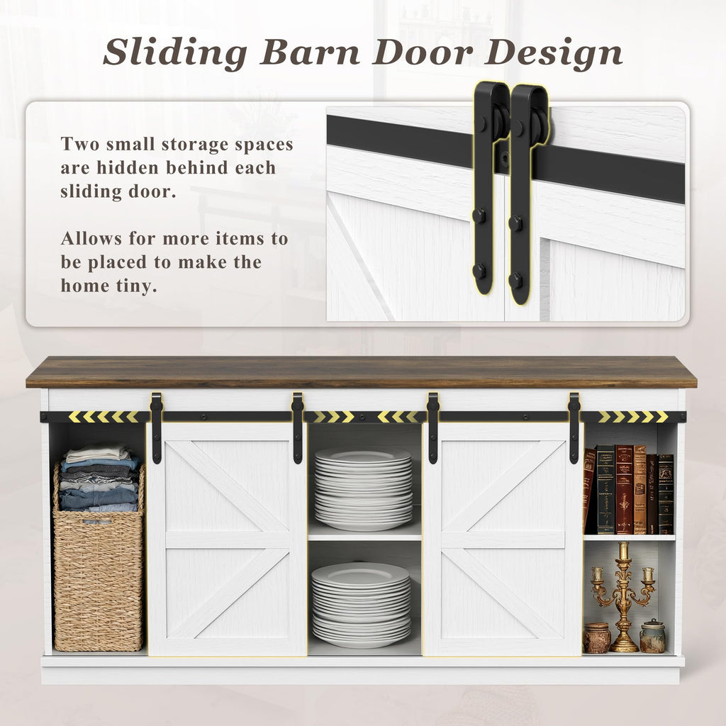 White Farmhouse TV Stand with Sliding Barn Doors V1026
