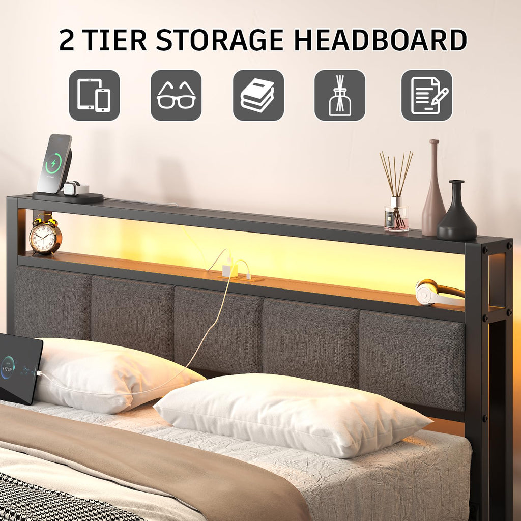 Light Grey Full Size Bed Frame with LED Lights and Charging Station A66334