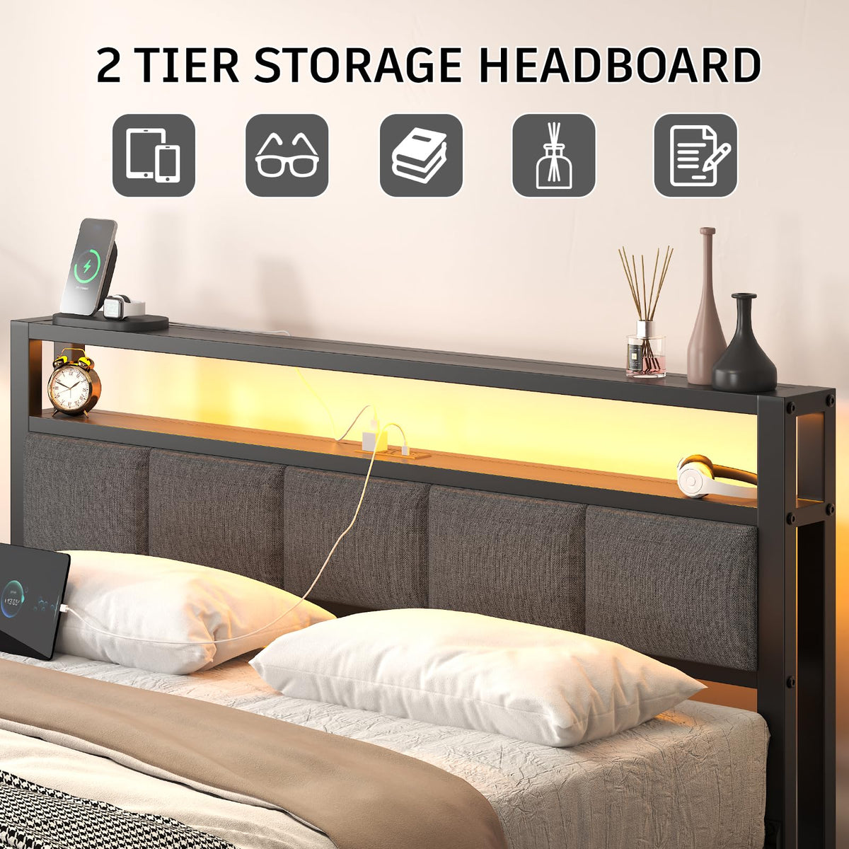 Light Grey Full Size Bed Frame with LED Lights and Charging Station A66334