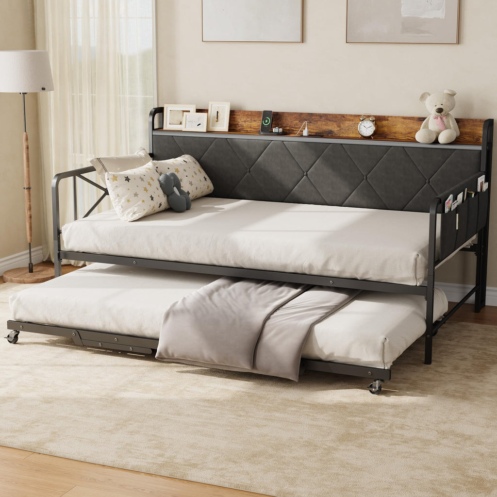 Twin Daybed with Upholstered Headboard and Trundle, Black P16610