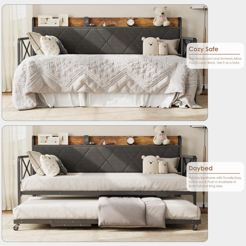Twin Daybed with Upholstered Headboard and Trundle, Black P16610