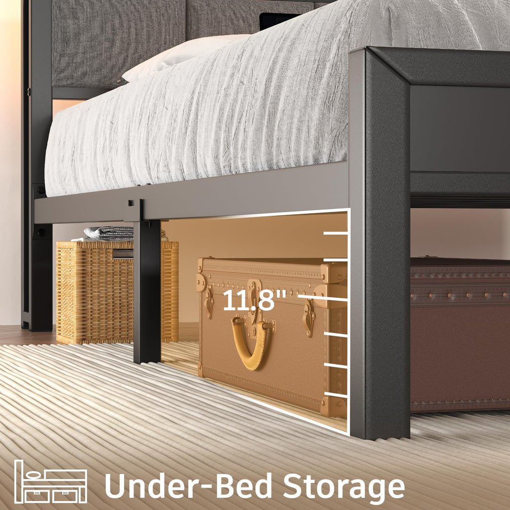 Light Grey Full Size Bed Frame with LED Lights and Charging Station A66334
