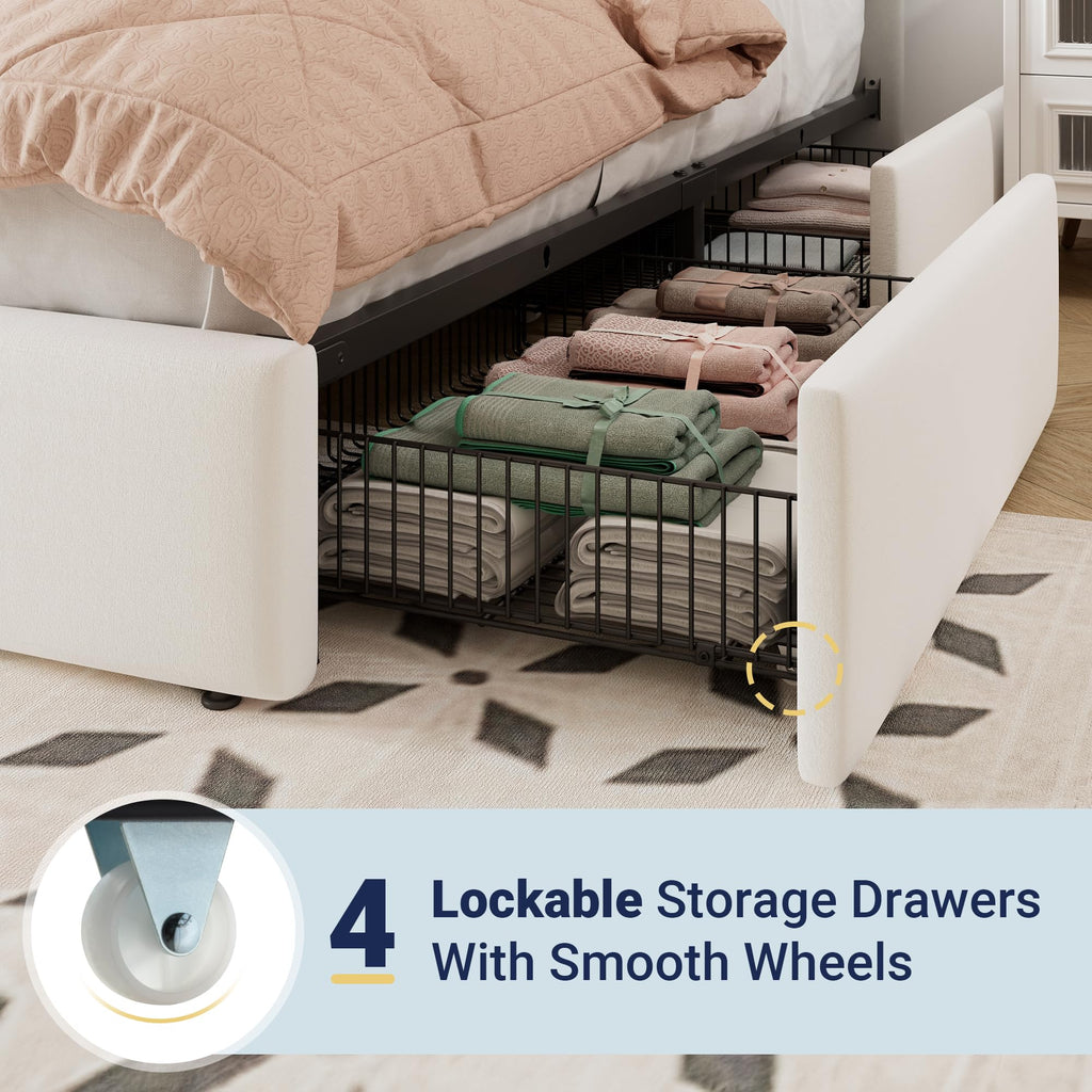 White Velvet Queen Size Storage Bed Frame with 4 Underbed Drawers F4220