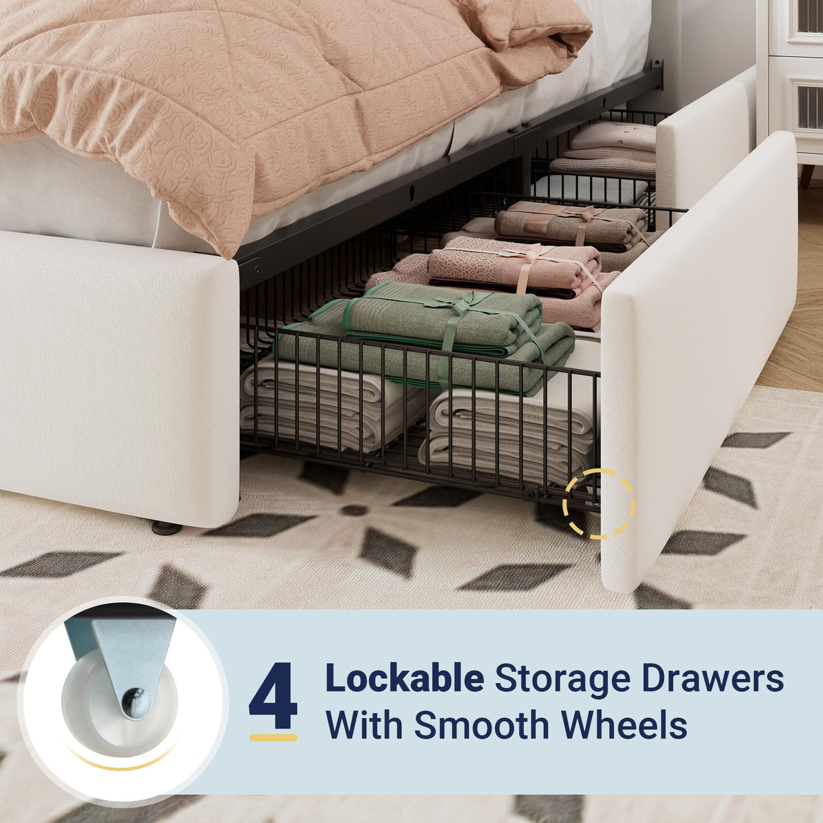White Velvet Queen Size Storage Bed Frame with 4 Underbed Drawers F4220