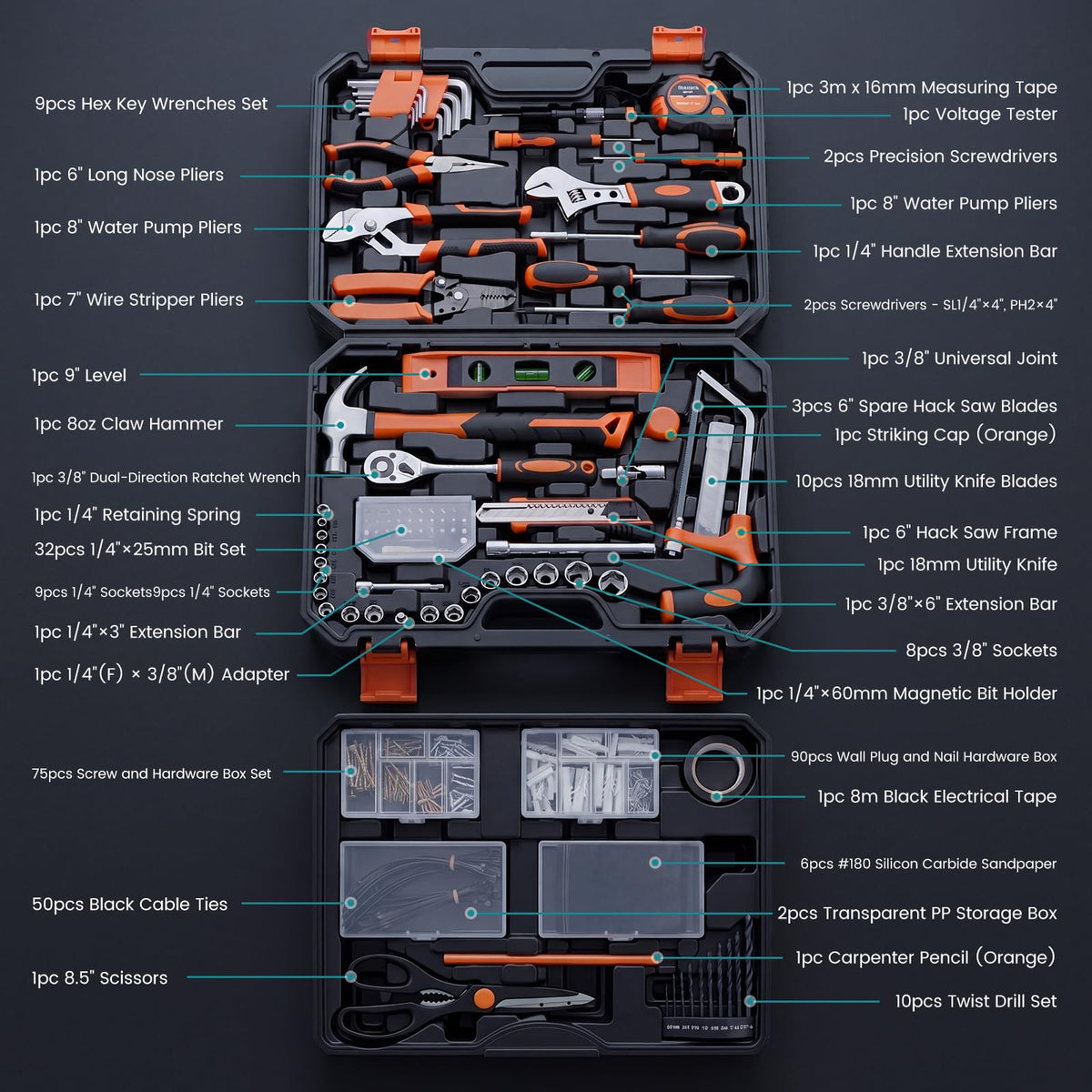 330 Piece Carbon & Cr-V Steel Home Repair Tool Kit G368