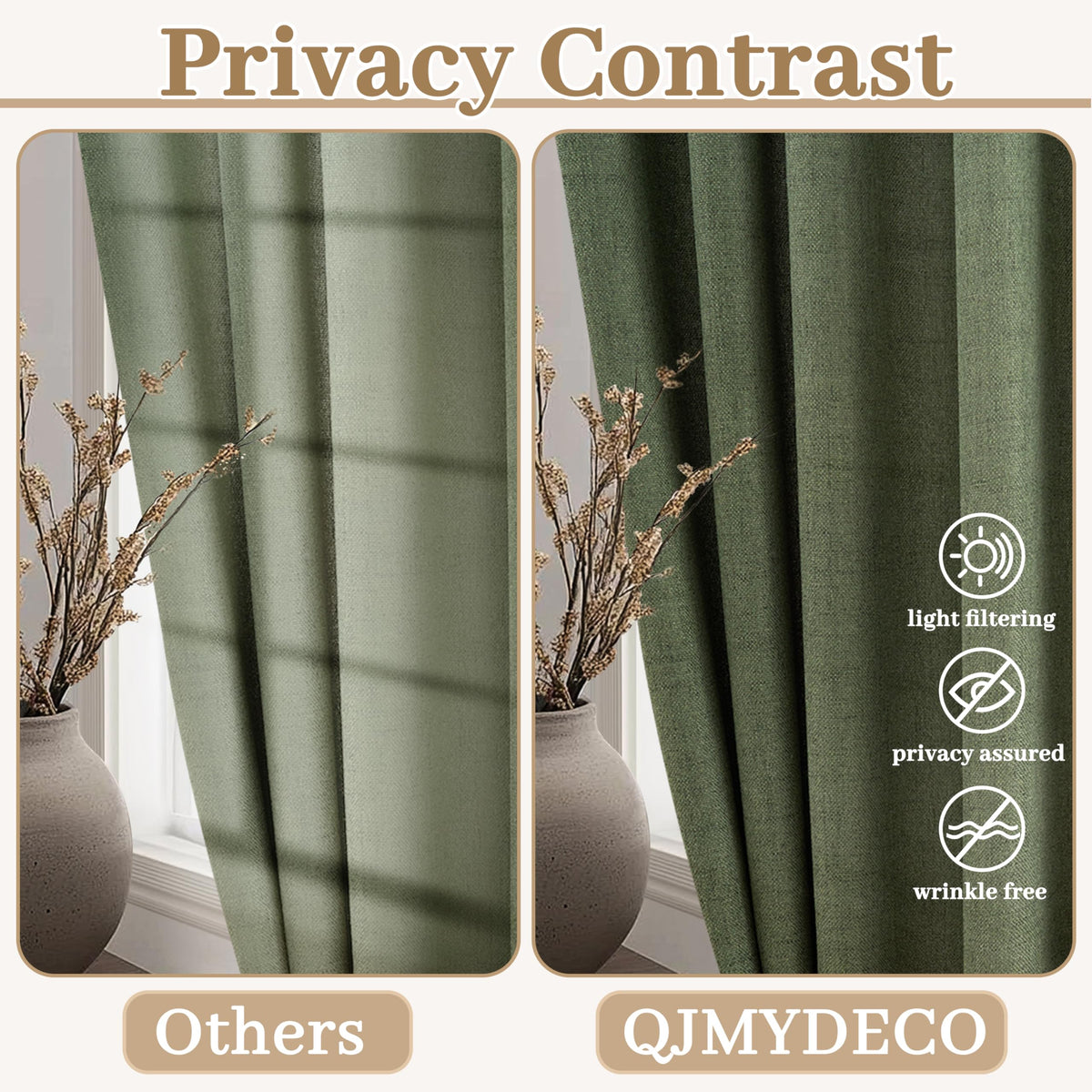 Dark Green 96 Inches Long Thick Linen 2 Panels Set Curtains R9873