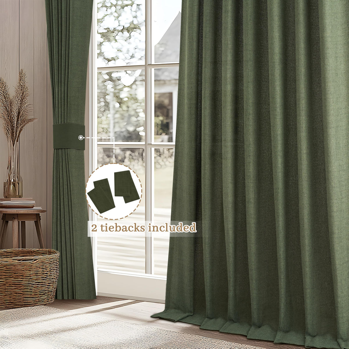 Dark Green 96 Inches Long Thick Linen 2 Panels Set Curtains R9873