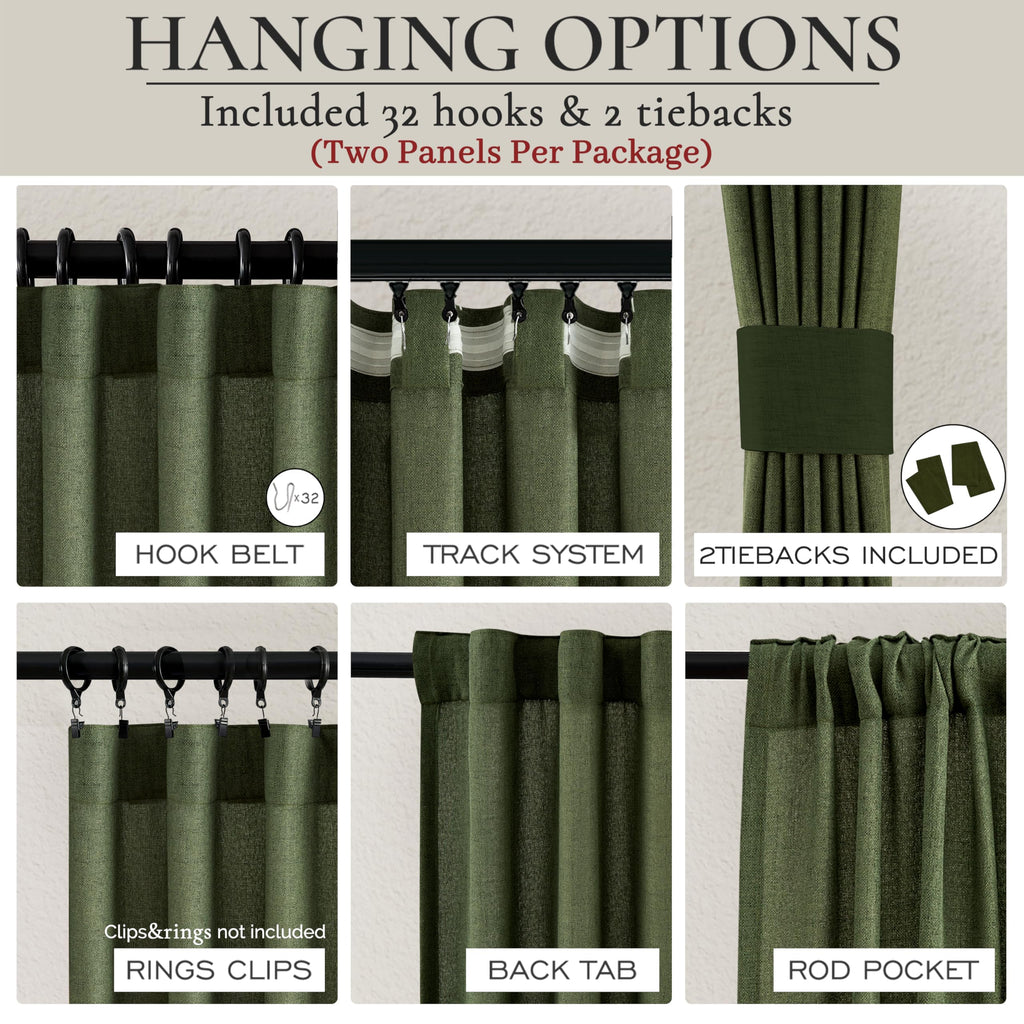 Dark Green 96 Inches Long Thick Linen 2 Panels Set Curtains R9873
