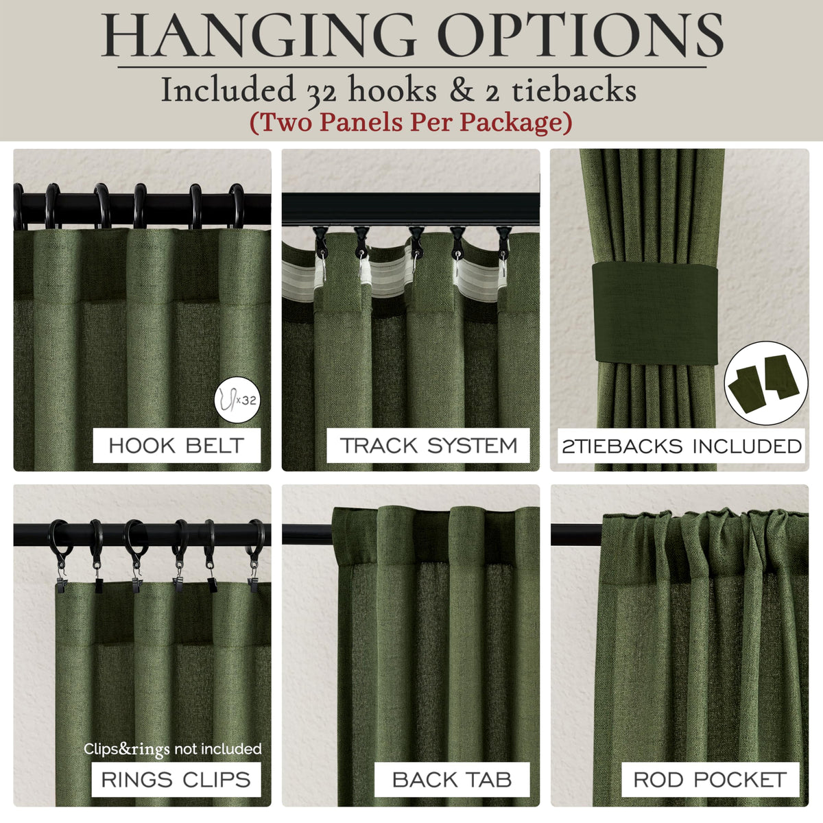 Dark Green 96 Inches Long Thick Linen 2 Panels Set Curtains R9873
