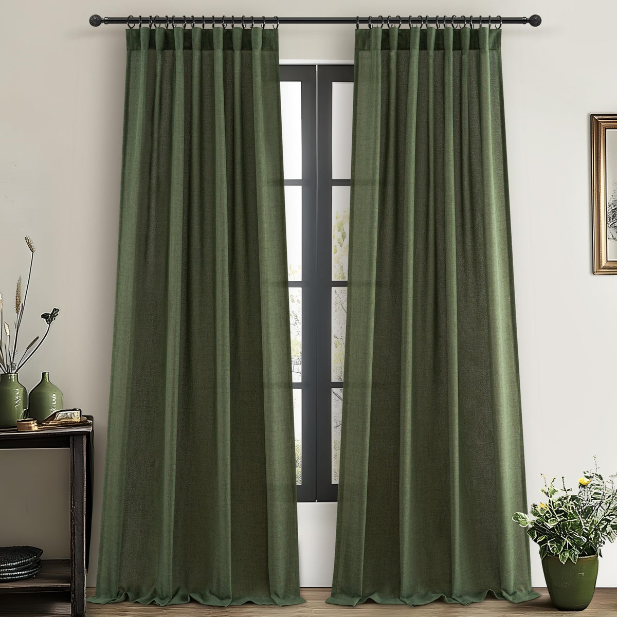 Dark Green 96 Inches Long Thick Linen 2 Panels Set Curtains R9873