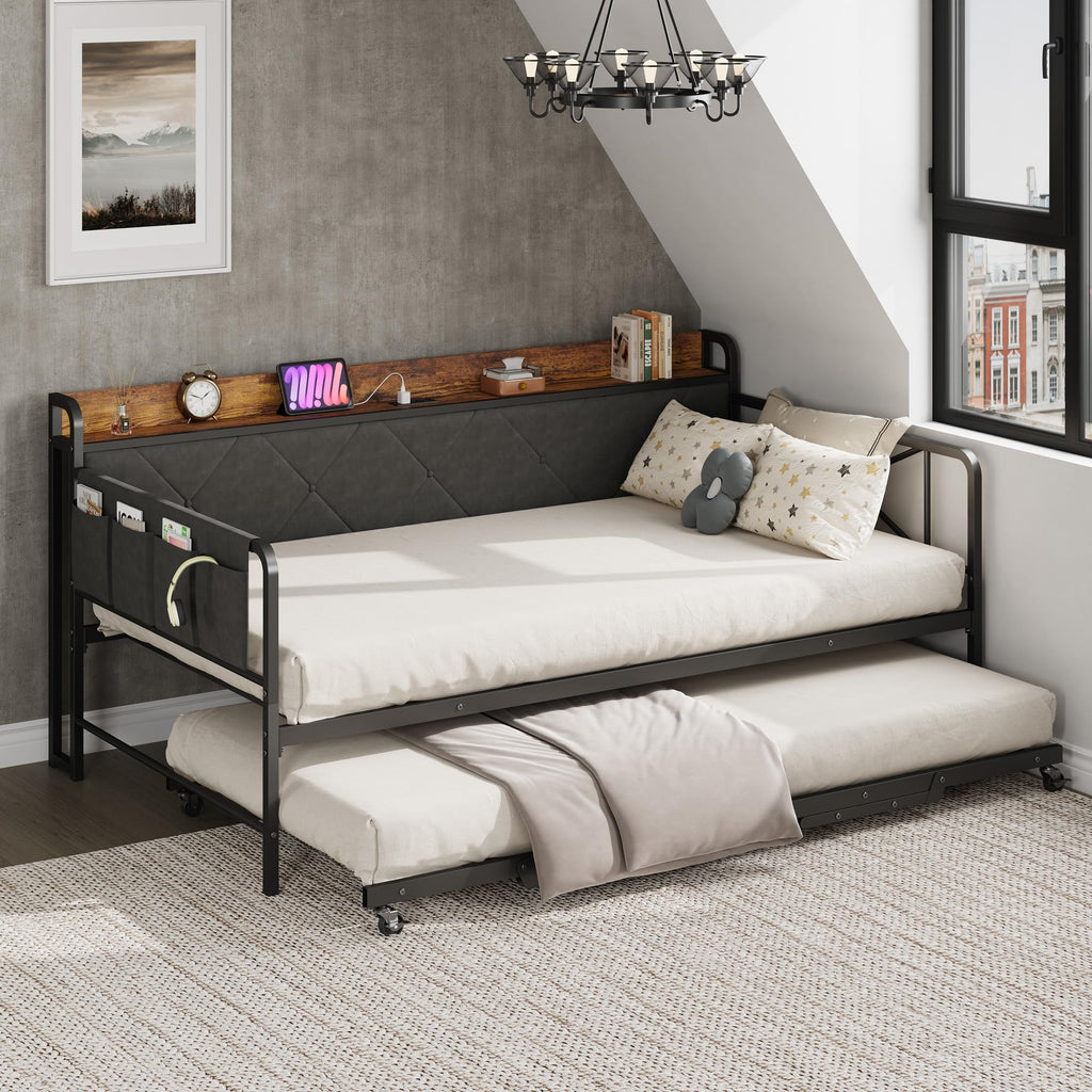Twin Daybed with Upholstered Headboard and Trundle, Black P16610
