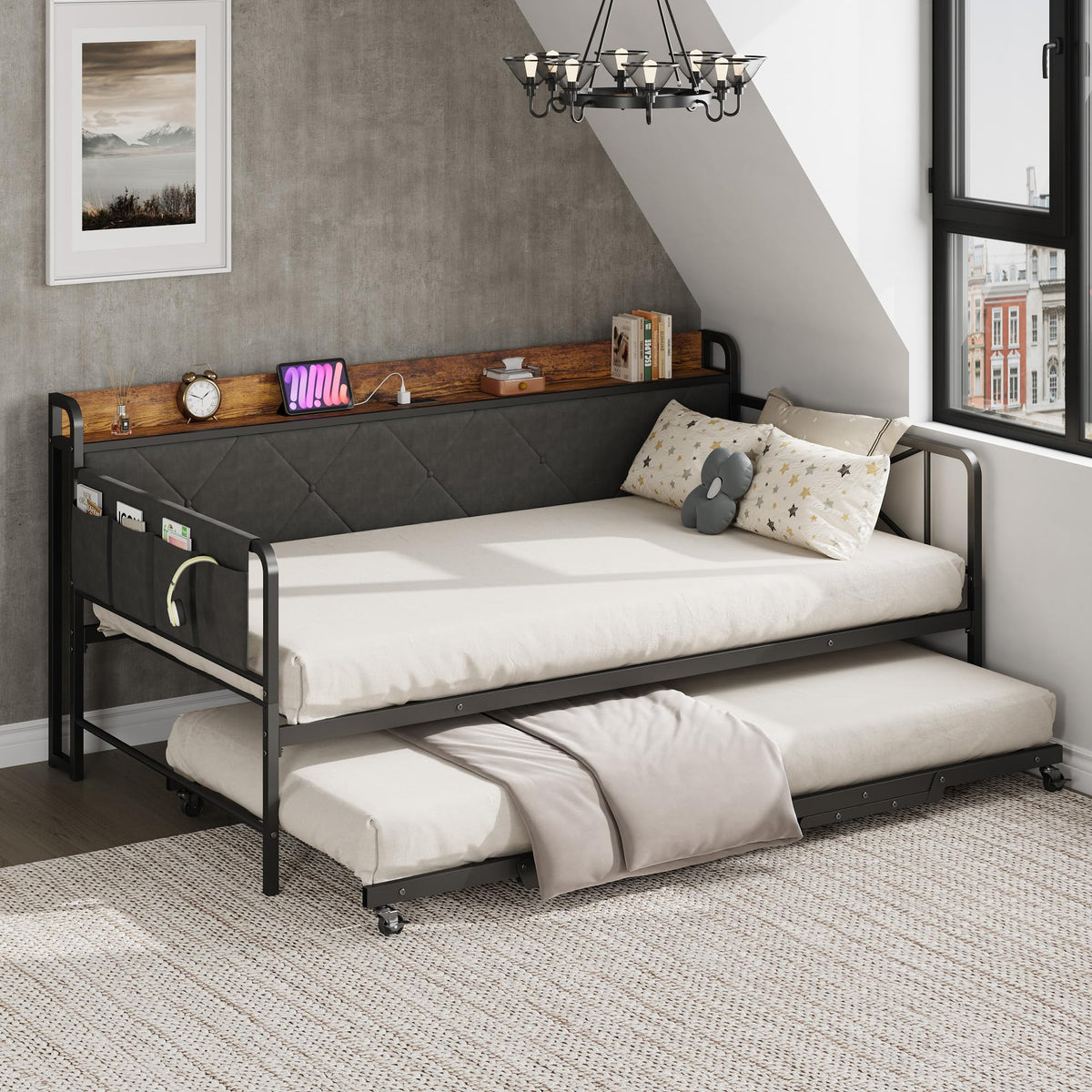 Twin Daybed with Upholstered Headboard and Trundle, Black P16610