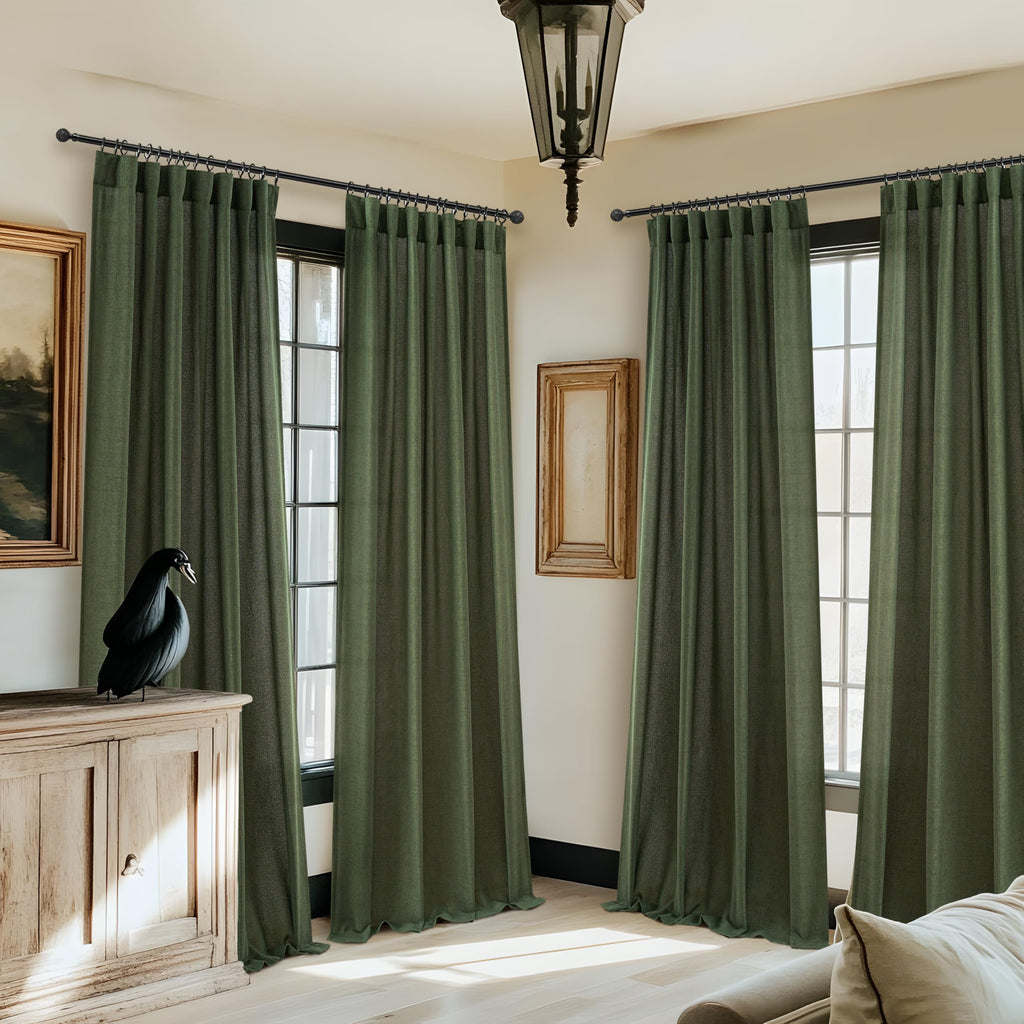 Dark Green 96 Inches Long Thick Linen 2 Panels Set Curtains R9873