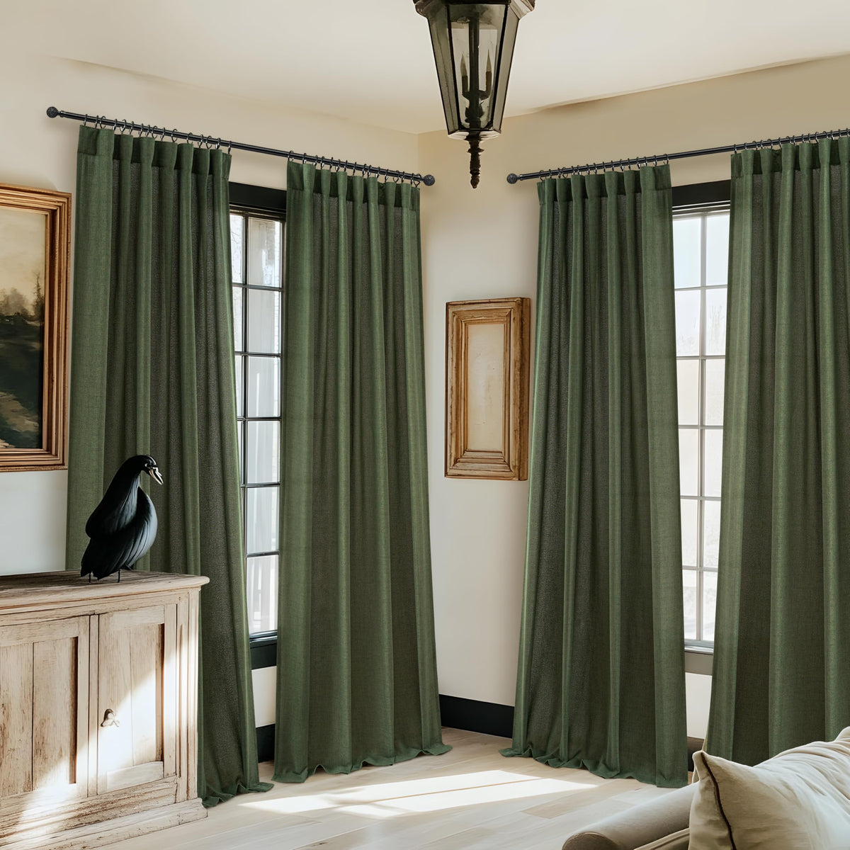 Dark Green 96 Inches Long Thick Linen 2 Panels Set Curtains R9873